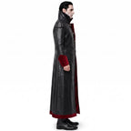 Gothic Black Faux-Leather Trench Coat with Red Accents – Victorian Duster Jacket