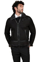 Men's Peter Black Suede Lamb Shearling Biker Jacket with Buckle Collar – Suede Shearling Jacket
