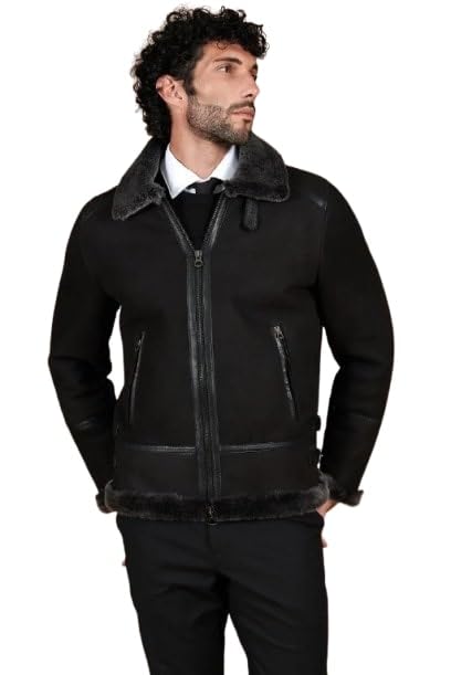 Men's Peter Black Suede Lamb Shearling Biker Jacket with Buckle Collar – Suede Shearling Jacket