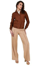 Faty Tan Suede Leather Bomber Jacket with Button Closure – Women's Classic Suede Jacket