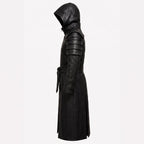 Black Leather Samurai Armor Trench Coat, Hooded Warrior Jacket, Gothic Cosplay Apparel