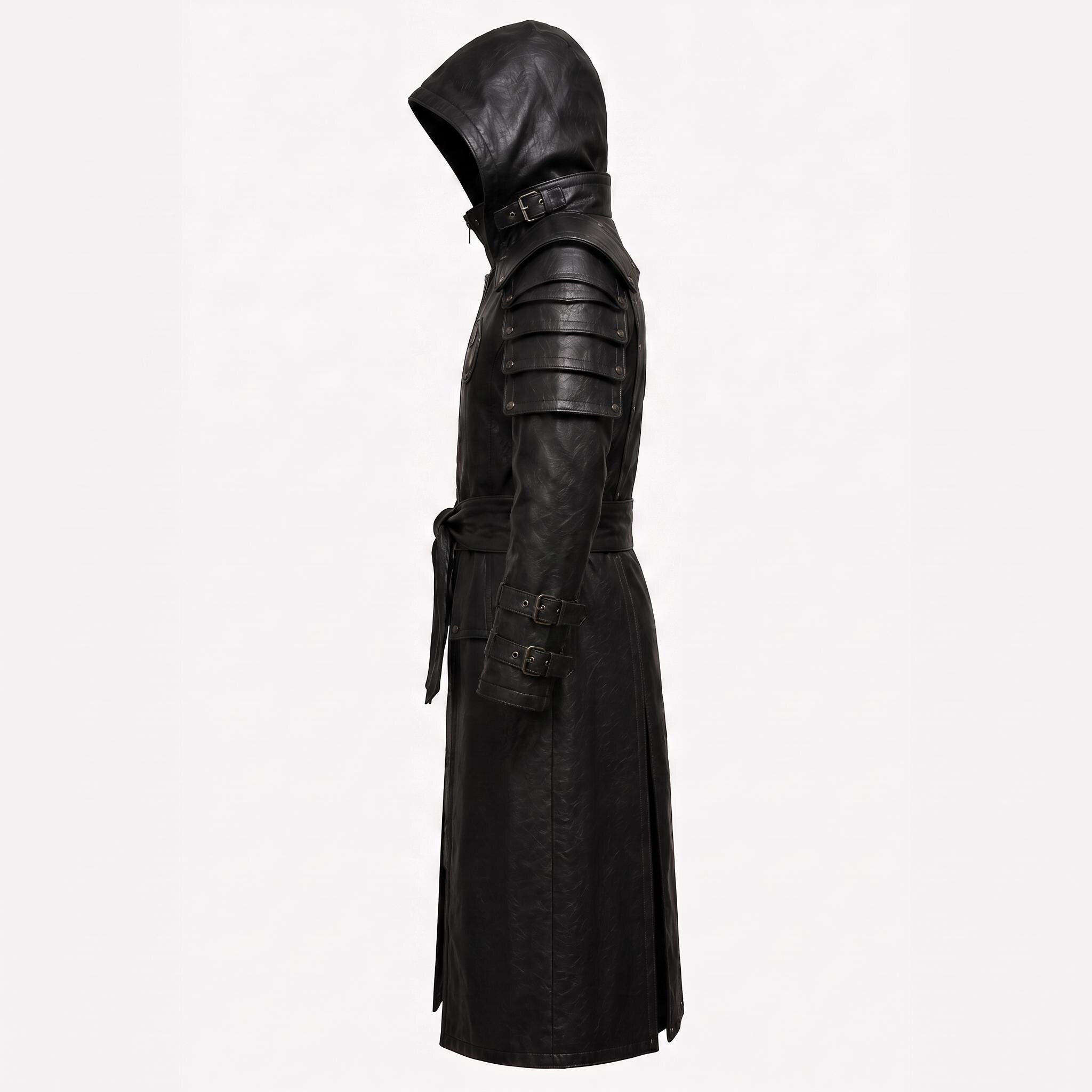 Black Leather Samurai Armor Trench Coat, Hooded Warrior Jacket, Gothic Cosplay Apparel