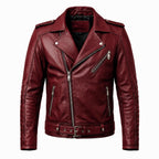 Motorhead Inspired Burgundy Leather Biker Jacket with Skull Print
