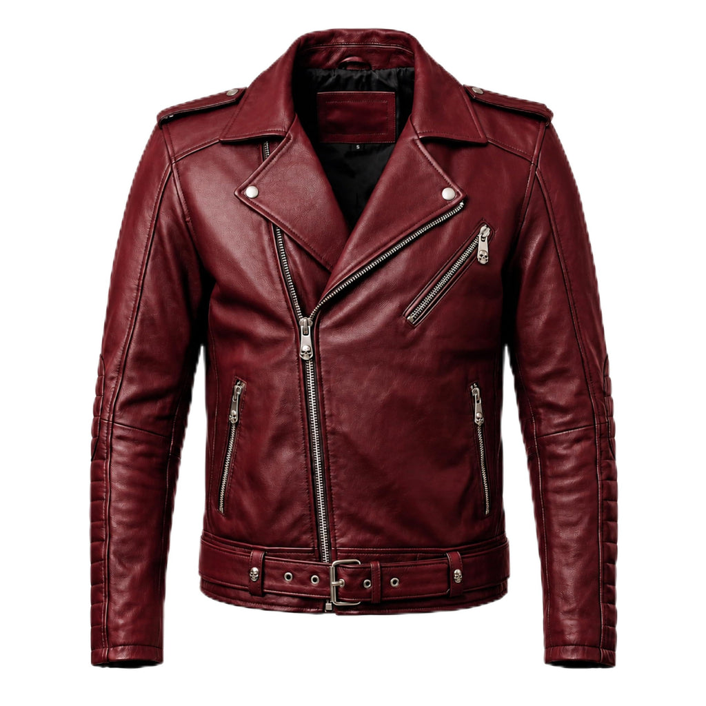 Motorhead Inspired Leather Biker Jacket | Skull Printed Leather Jacket | Men's Burgundy Leather Motorcycle Jacket