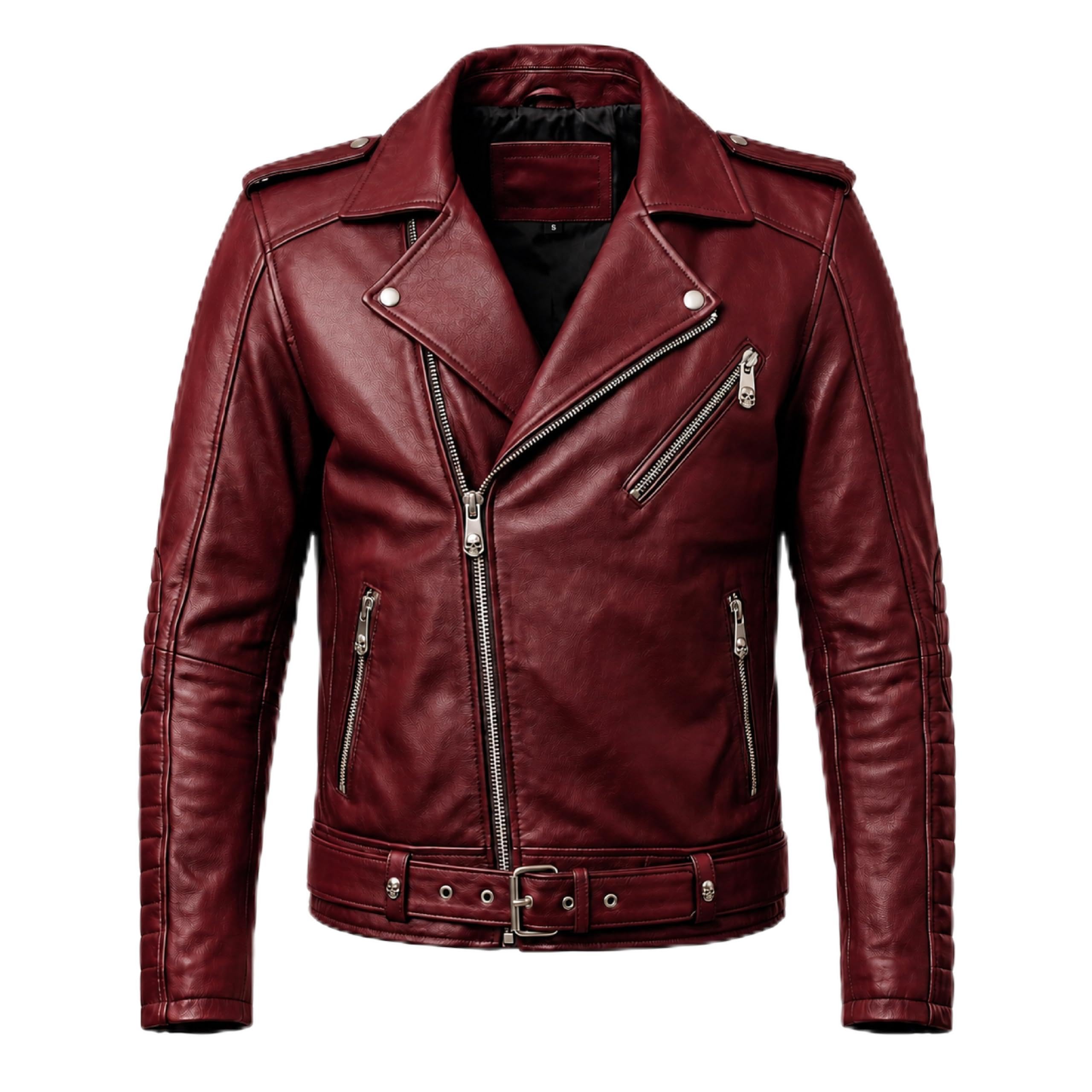 Motorhead Inspired Leather Biker Jacket | Skull Printed Leather Jacket | Men's Burgundy Leather Motorcycle Jacket