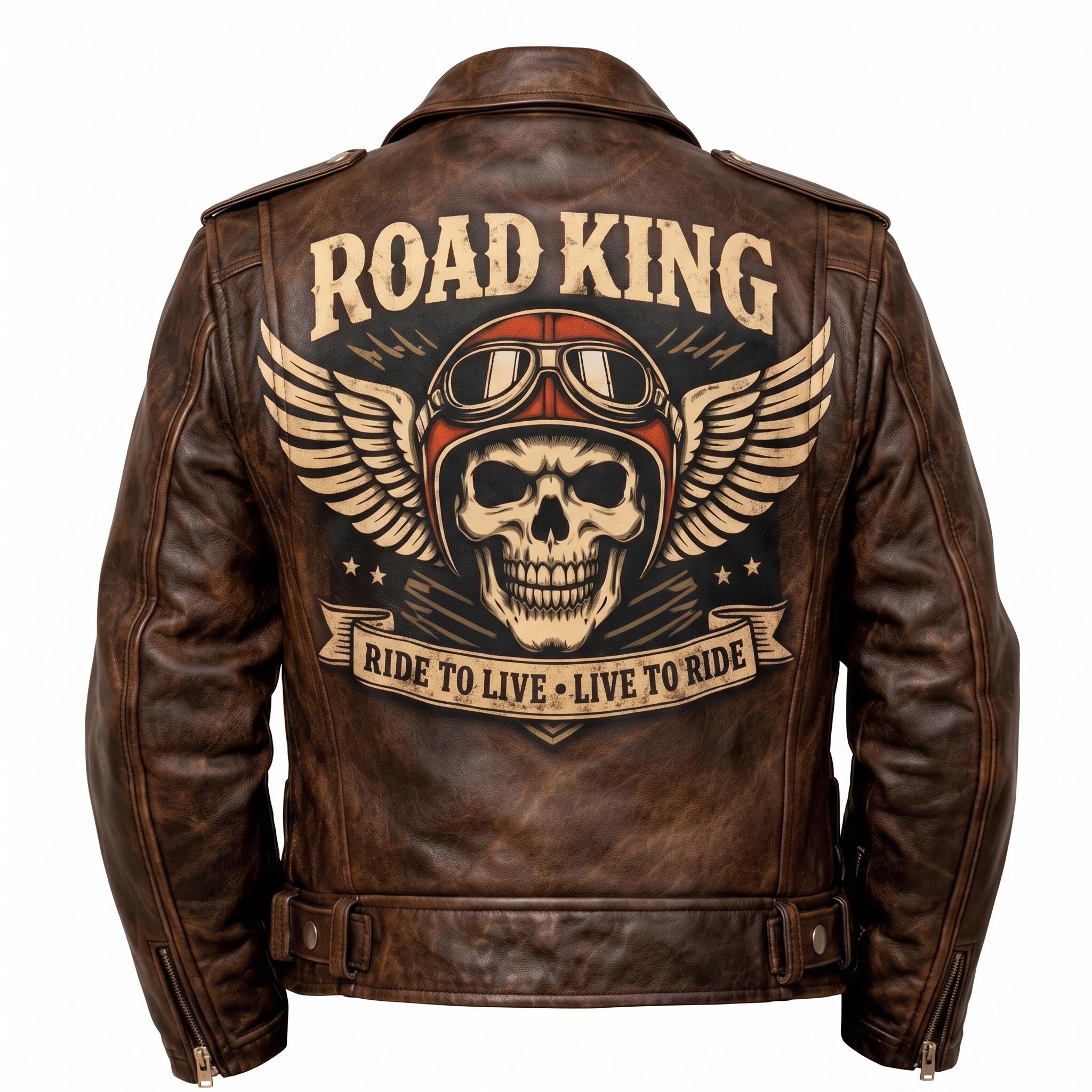 Road King Vintage Leather Jacket - Winged Skull & "Ride to Live" Biker Design