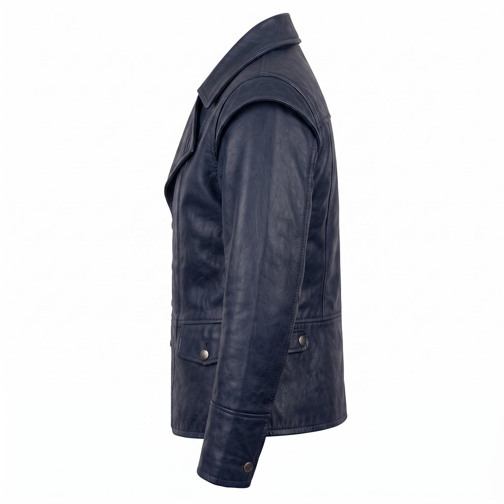 Men's Navy Blue Asymmetrical Military Leather Jacket – Handmade Blazer Coat