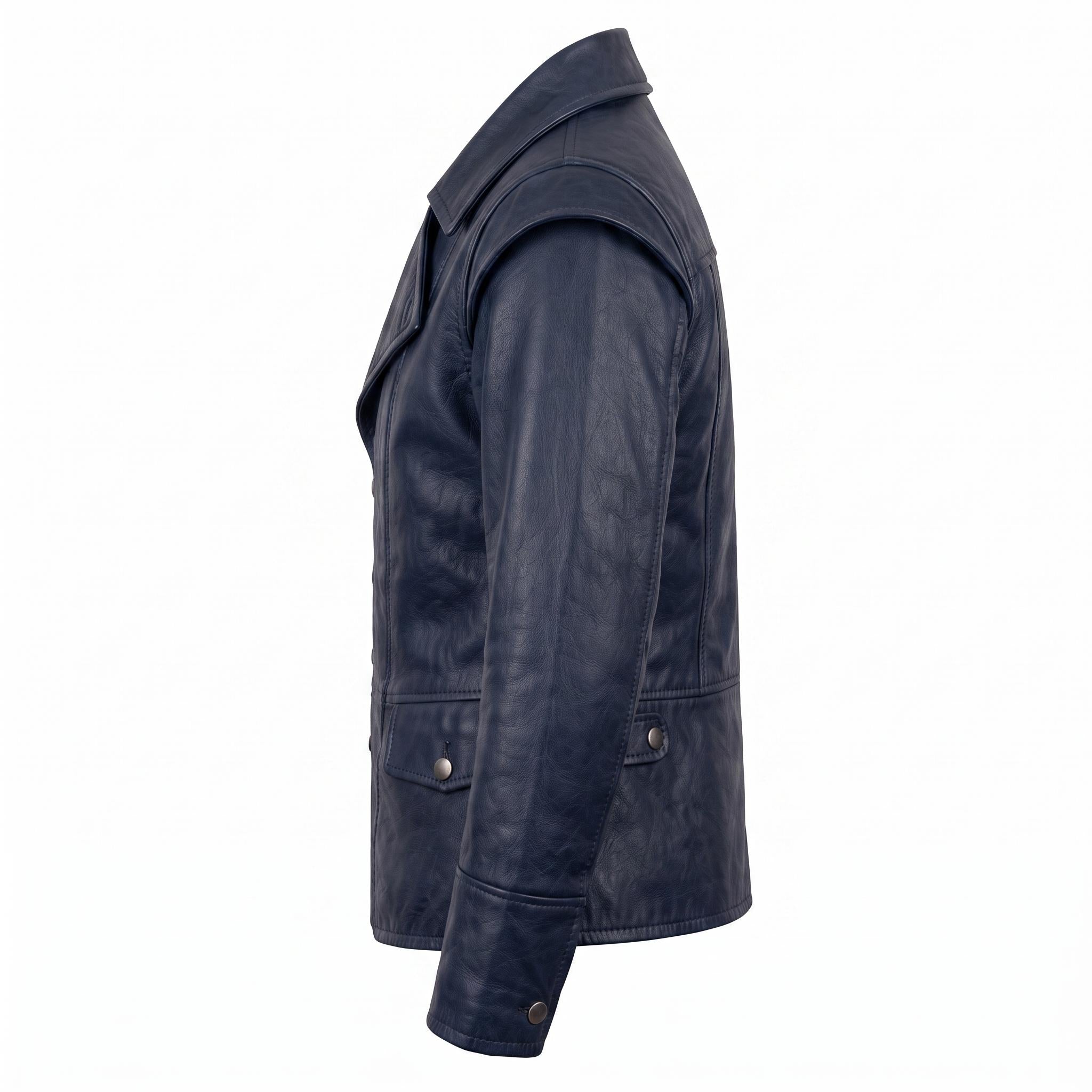 Men's Navy Blue Asymmetrical Military Leather Jacket – Handmade Blazer Coat