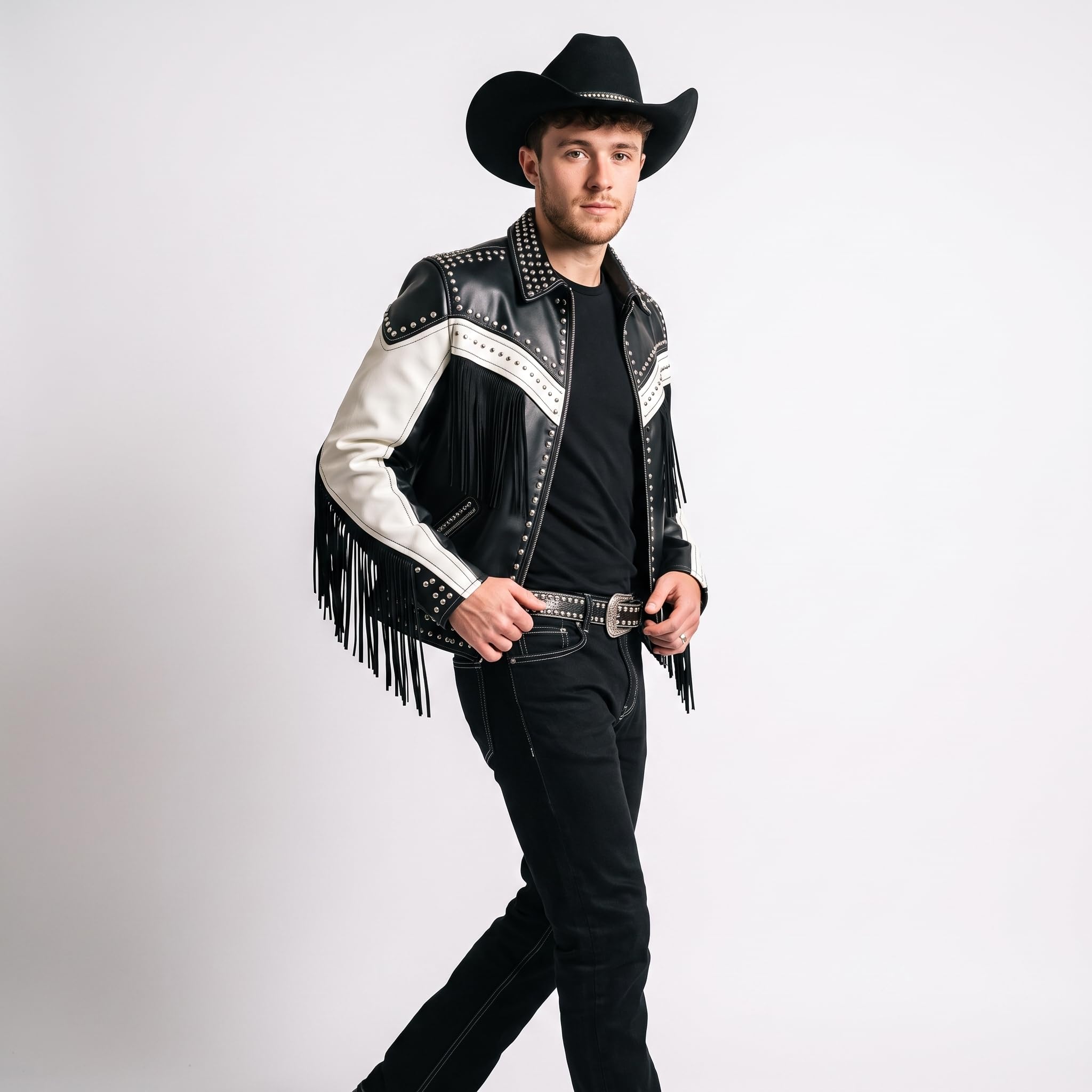 Man's Handmade Western Fringe Leather Jacket | Studded Cowboy Biker Coat