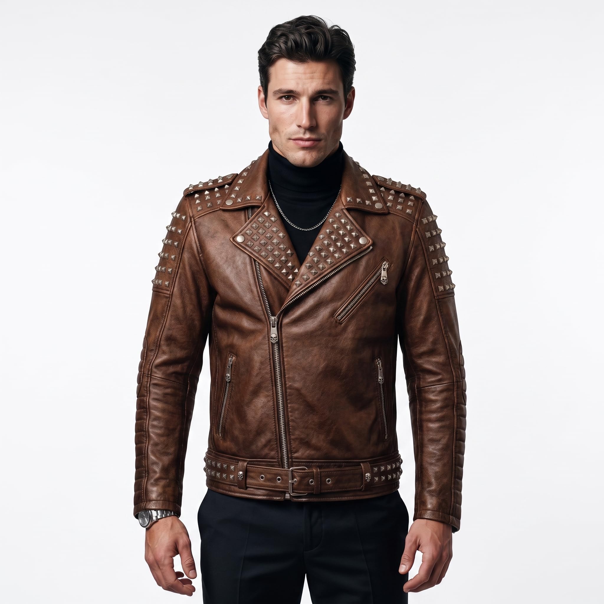 Handmade Men's Black Leather Studded Biker Jacket