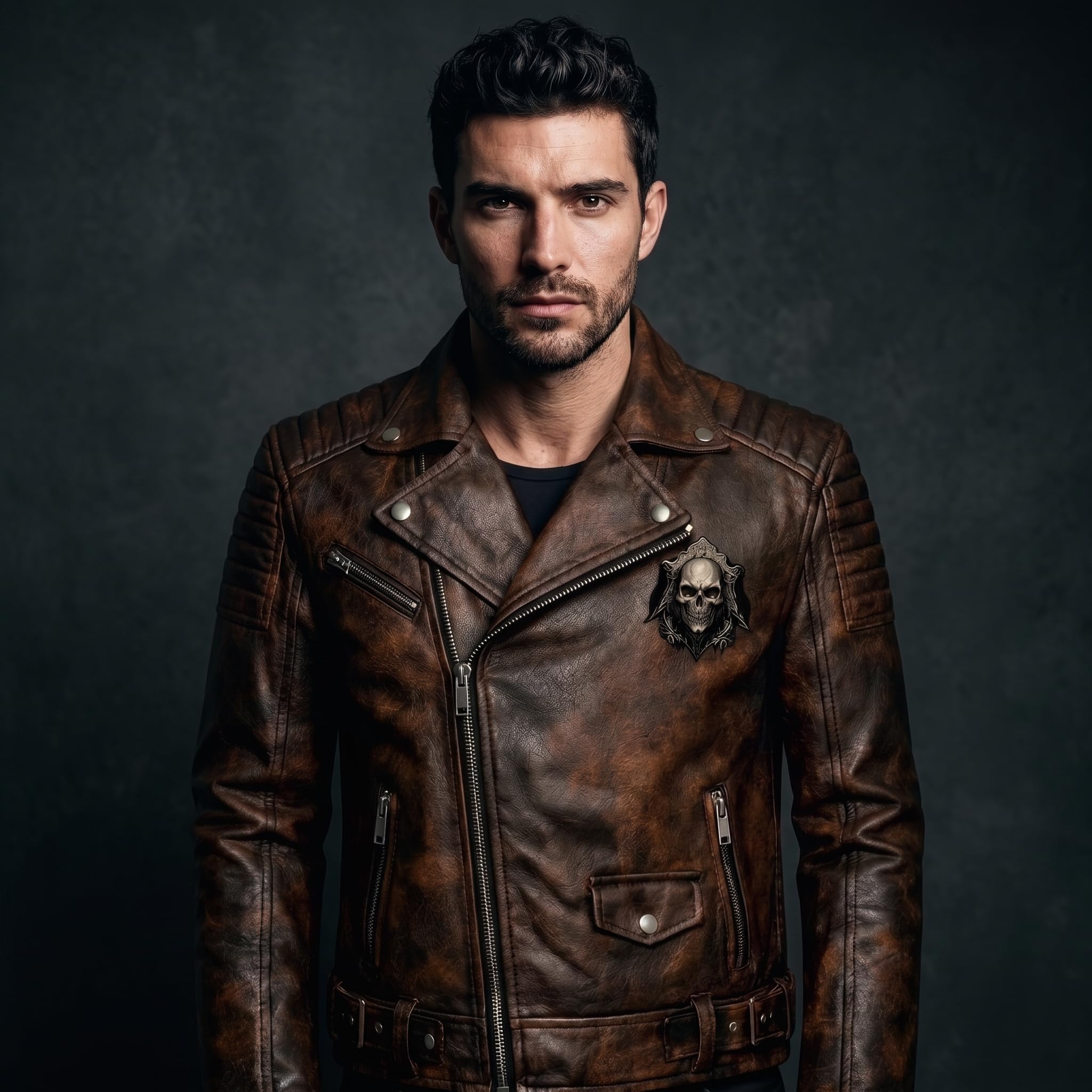 Men's motorcycle jacket with skull back | brown leather biker jacket | vintage moto style
