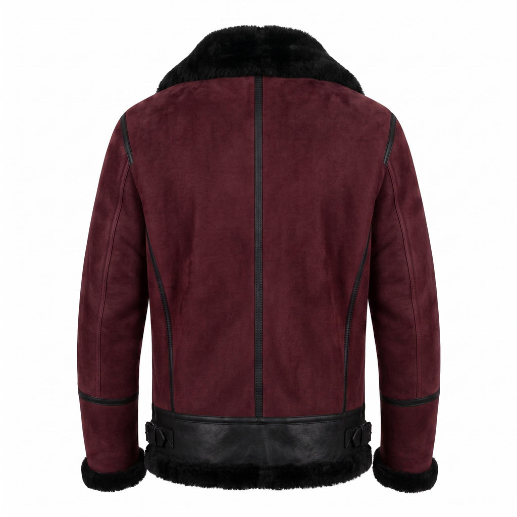 Men's Suede Shearling Aviator Jacket, Brown Leather Trim Biker Style
