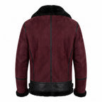 Men's Suede Shearling Aviator Jacket, Brown Leather Trim Biker Style