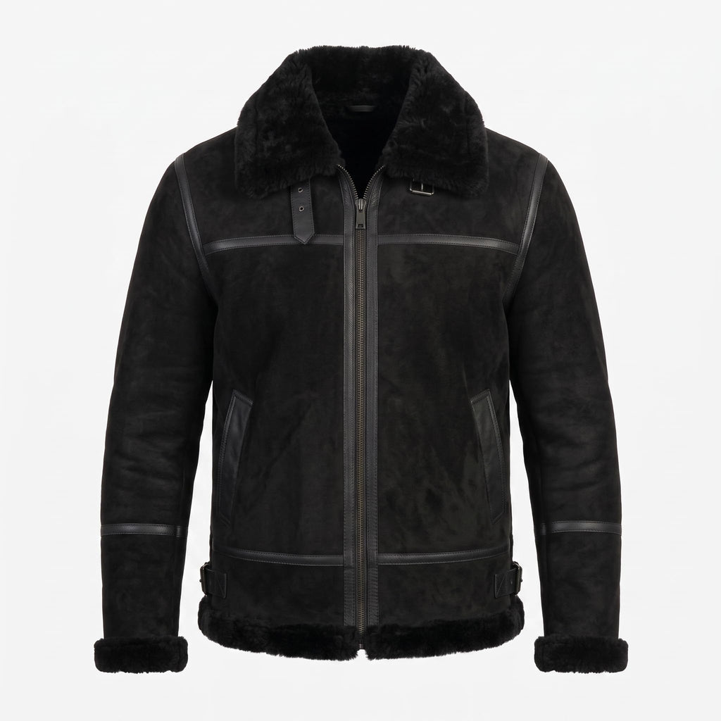 Black Suede Lamb Shearling Biker Jacket with Buckle Collar – Premium Suede Shearling Jacket