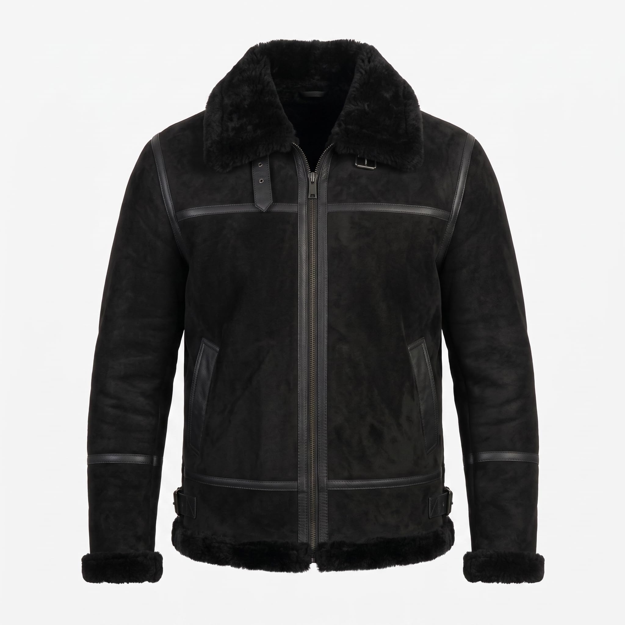 Black Suede Lamb Shearling Biker Jacket with Buckle Collar – Premium Suede Shearling Jacket