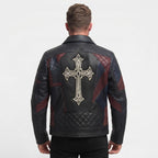 Men’s Black Leather Biker style Moto jacket with Cross Design Gothic Punk Motorcycle Style