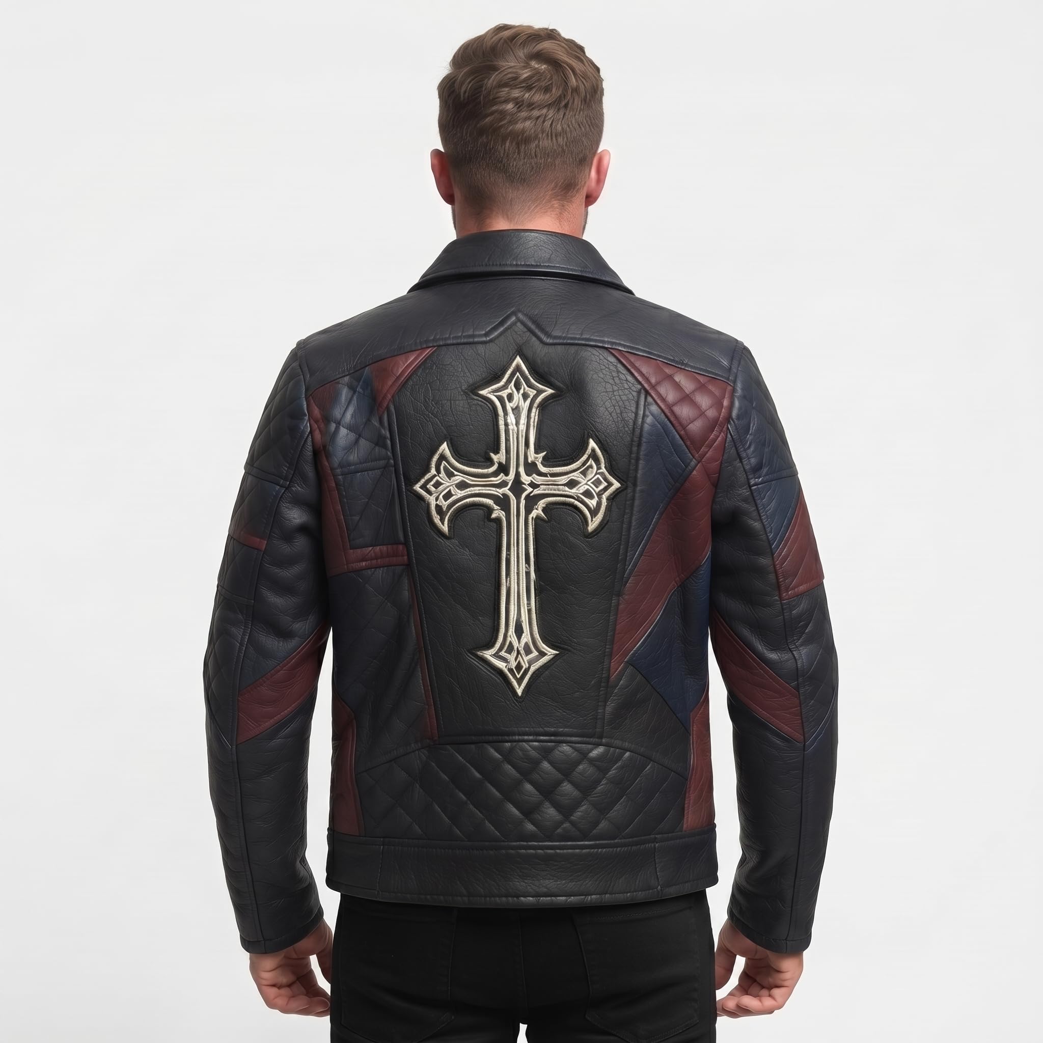 Men’s Black Leather Biker style Moto jacket with Cross Design Gothic Punk Motorcycle Style