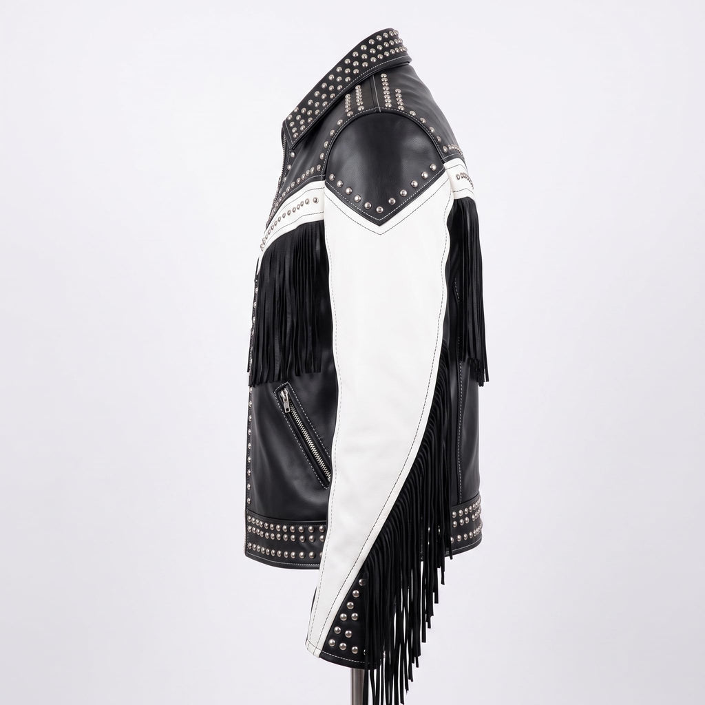 Man's Handmade Western Fringe Leather Jacket | Studded Cowboy Biker Coat