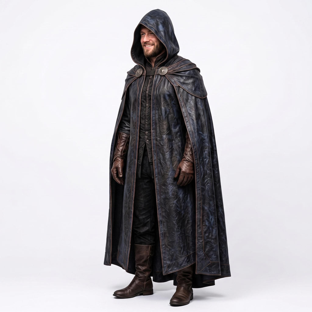 Men's Shadowed Ranger Leather Cloak | Medieval Hooded Cape, Fantasy LARP Costume