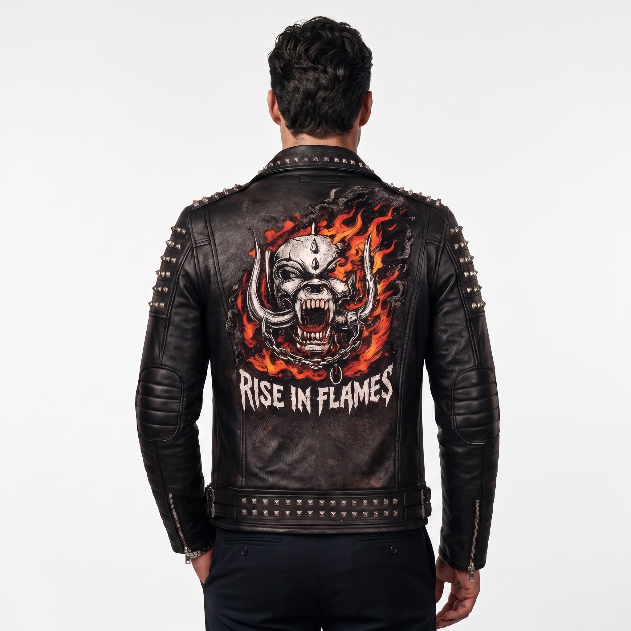 Handmade Men's Black Leather Studded Biker Jacket