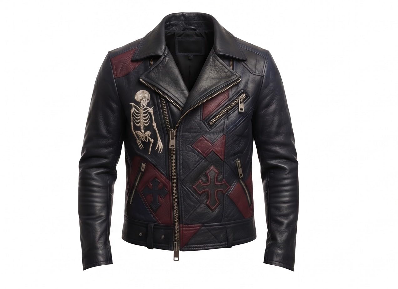 Men’s Black Leather Biker style Moto jacket with Cross Design Gothic Punk Motorcycle Style