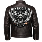 Biker Club V-Twin Engine Leather Jacket - Winged Motor Graphic Cafe Racer