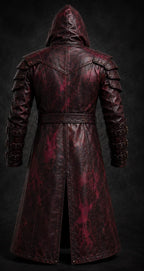 Men's Distressed Burgundy Leather Hooded Armor Coat | Medieval Viking Gothic Cosplay Jacket