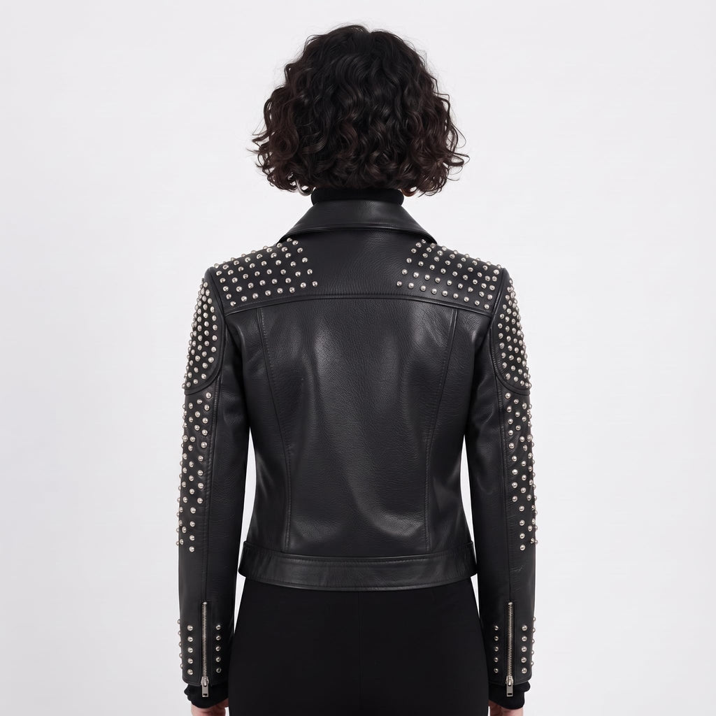 Women's Handcrafted Studded Black Leather Biker Jacket – Edgy Rockstar Style