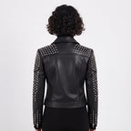Women's Handcrafted Studded Black Leather Biker Jacket – Edgy Rockstar Style
