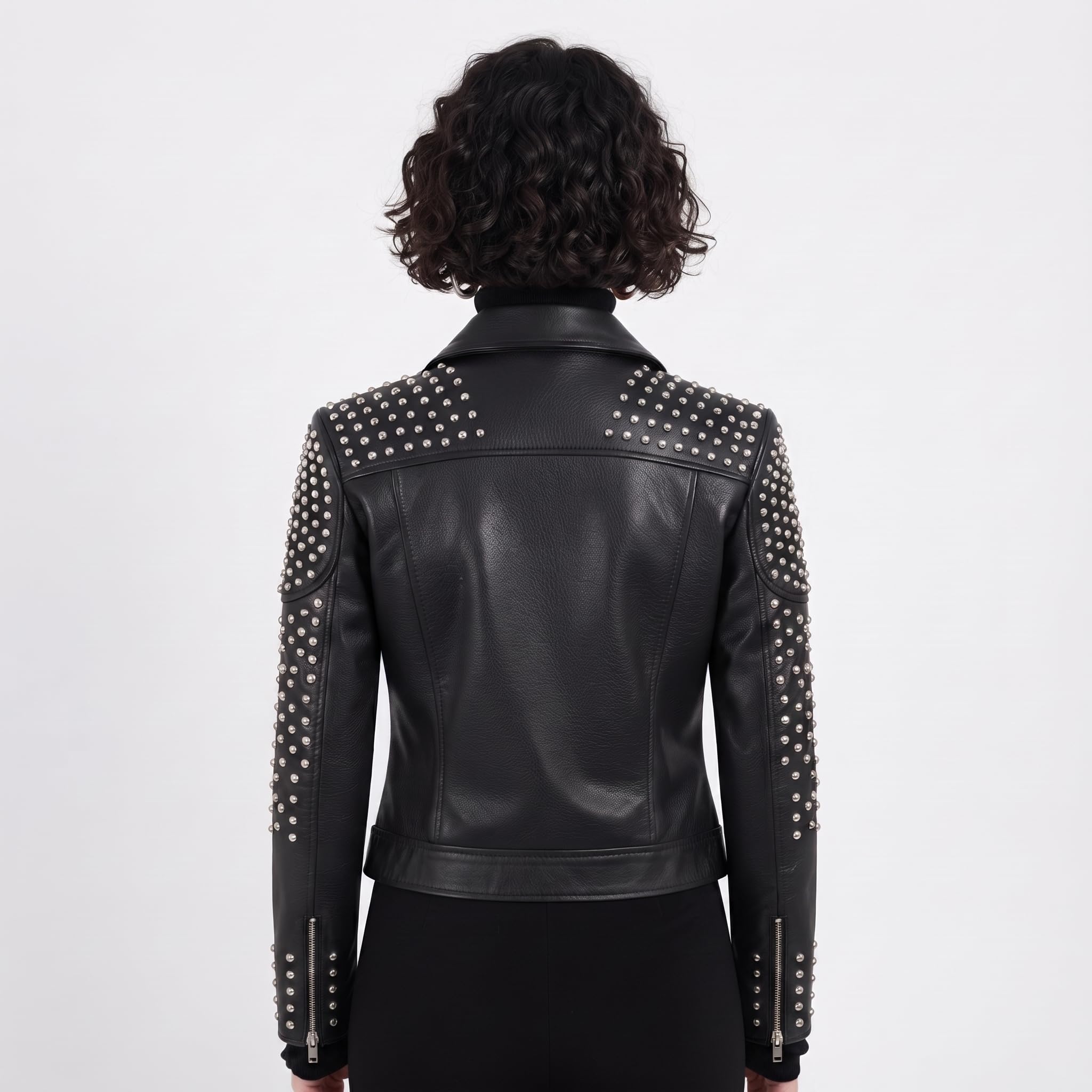 Women's Handcrafted Studded Black Leather Biker Jacket – Edgy Rockstar Style