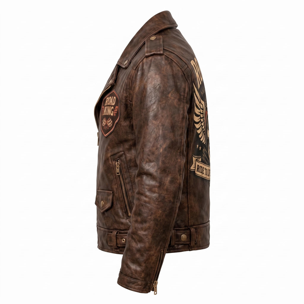 Men's Road King Vintage Leather Jacket - Winged Skull & Ride to Live Biker Design