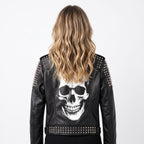 Women’s Handmade Black Leather Motorcycle Jacket – Studded, Spiked, & Hand-Painted Misfits Punk Rocker Style