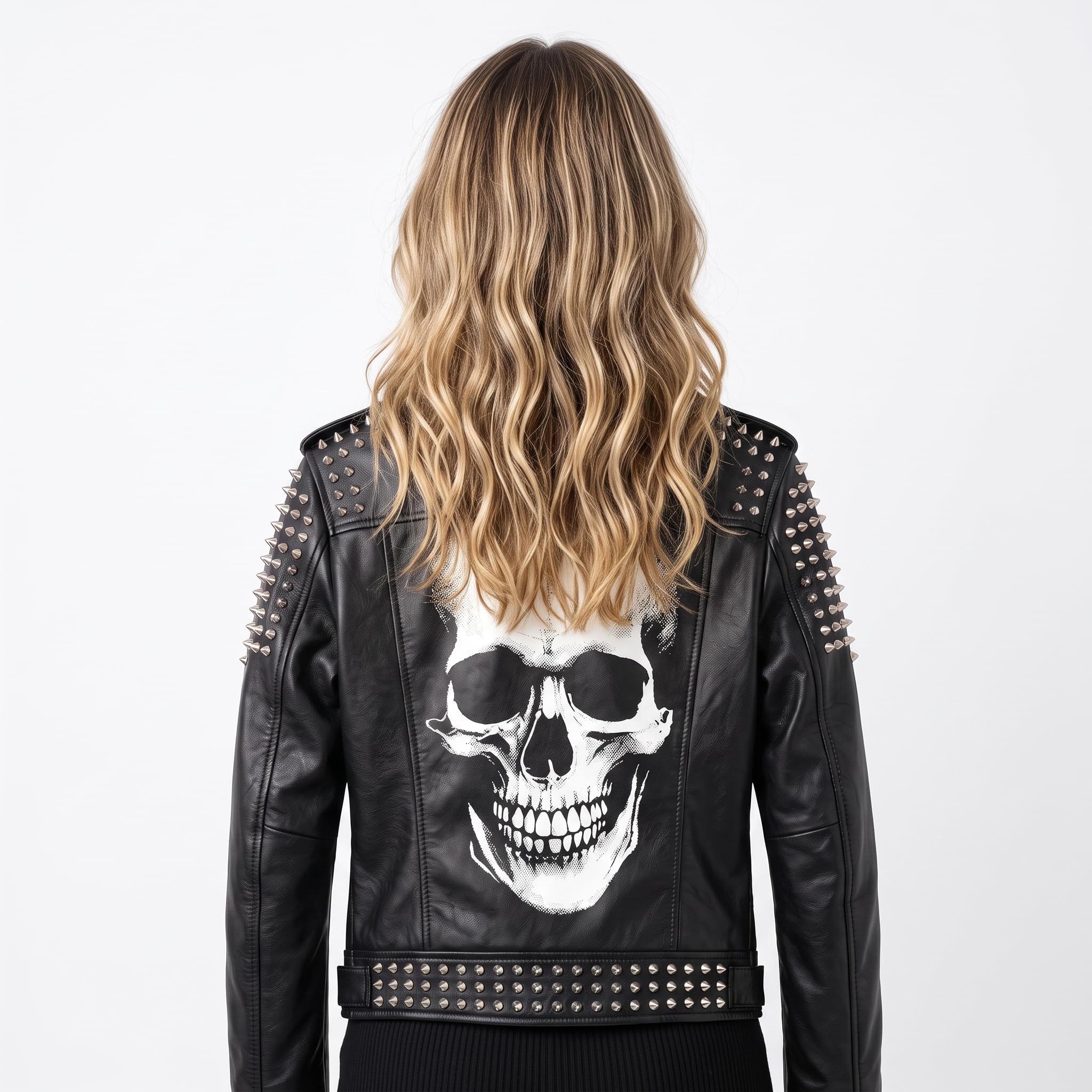 Women’s Handmade Black Leather Motorcycle Jacket – Studded, Spiked, & Hand-Painted Misfits Punk Rocker Style