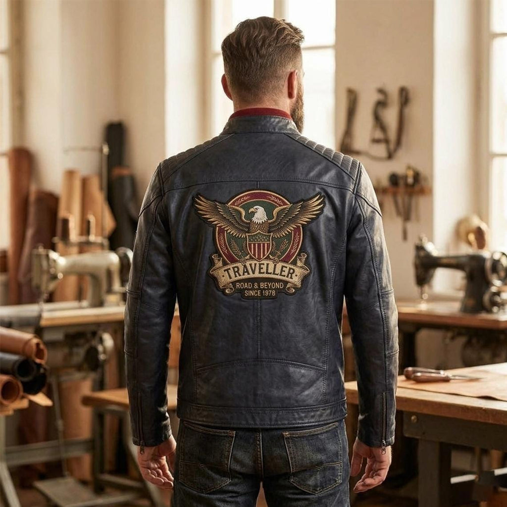 Men's Genuine Leather Biker Jacket | Eagle Patch Cafe Racer Coat