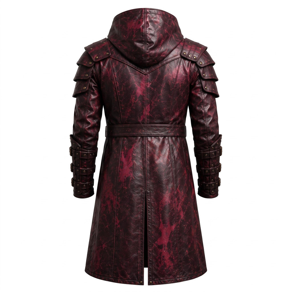 Men's Distressed Burgundy Leather Hooded Armor Coat | Medieval Viking Gothic Cosplay Jacket