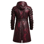 Men's Distressed Burgundy Leather Hooded Armor Coat | Medieval Viking Gothic Cosplay Jacket