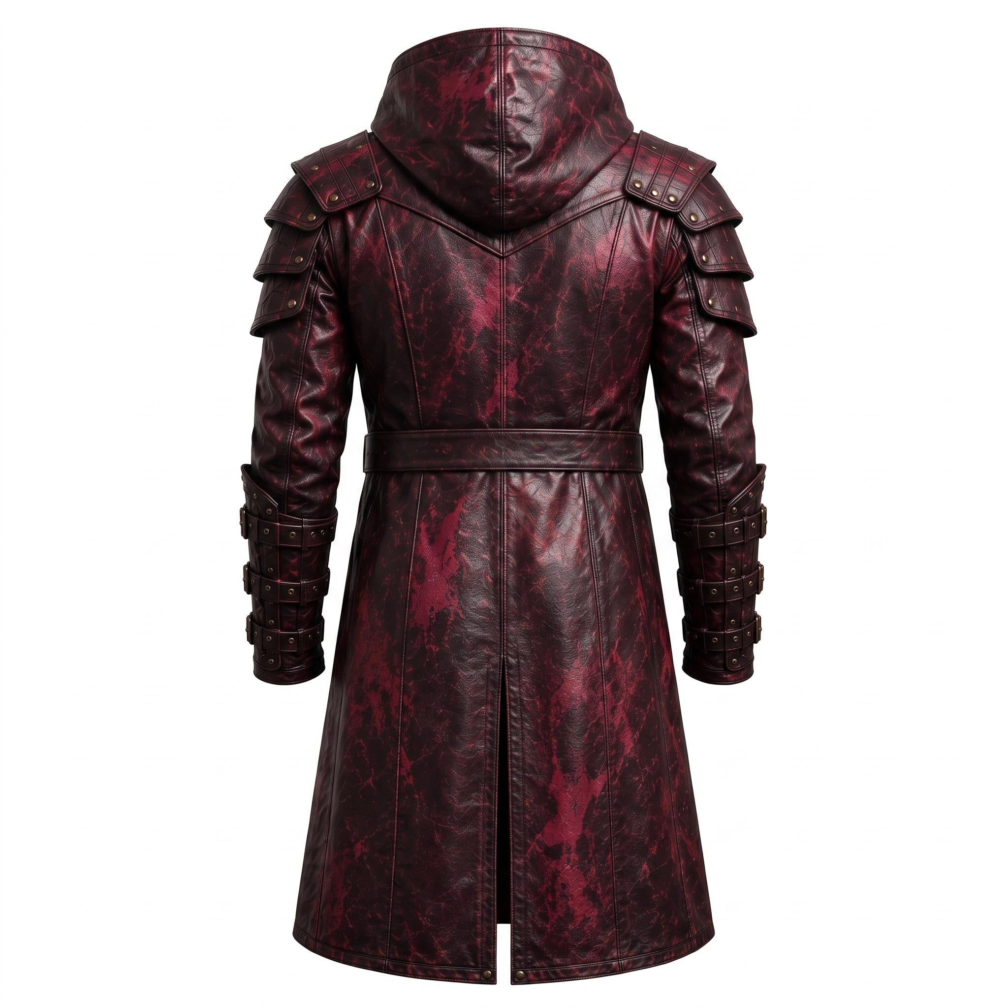 Men's Distressed Burgundy Leather Hooded Armor Coat | Medieval Viking Gothic Cosplay Jacket