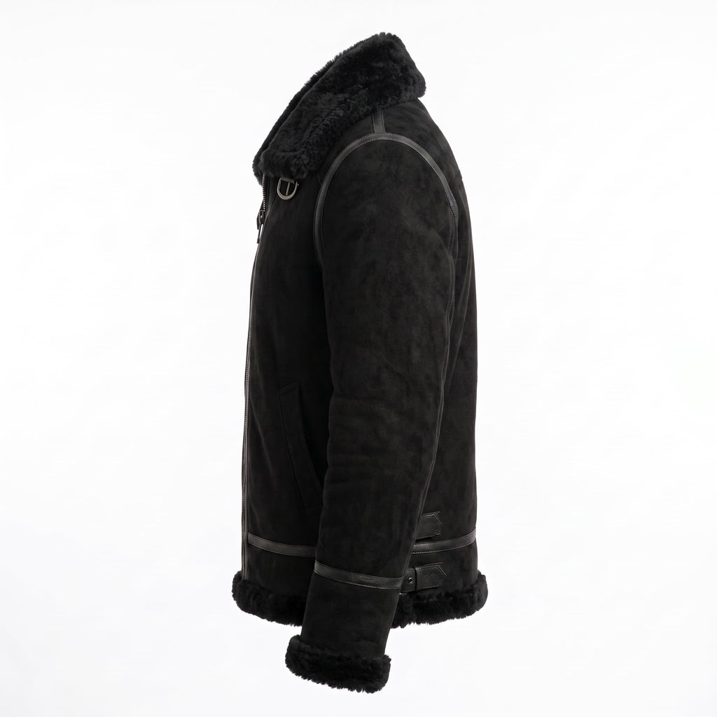 Black Suede Lamb Shearling Biker Jacket with Buckle Collar – Premium Suede Shearling Jacket