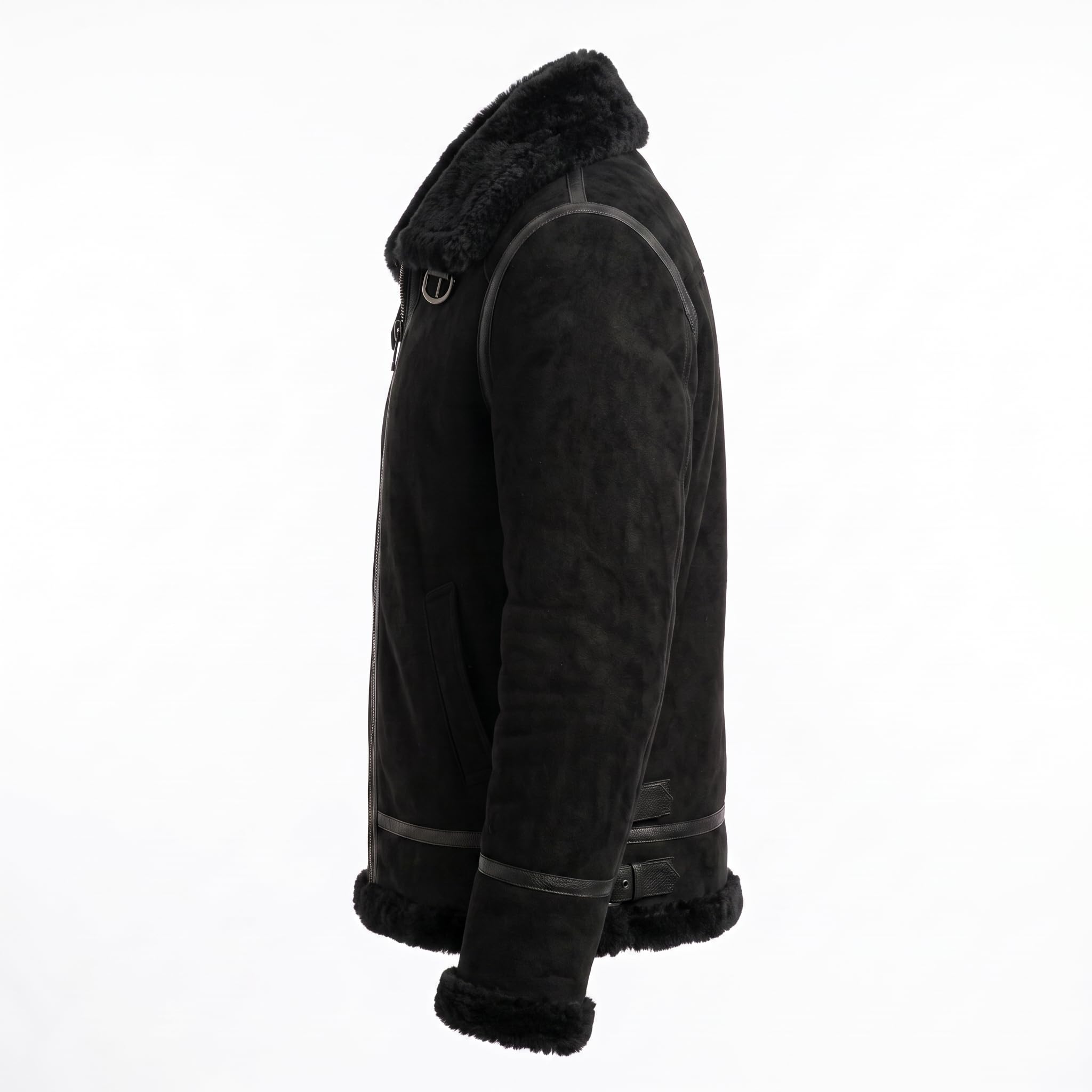 Black Suede Lamb Shearling Biker Jacket with Buckle Collar – Premium Suede Shearling Jacket