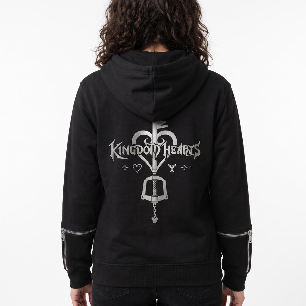 Women's Kingdom Hearts Black Zip-Up Hoodie | Fleece Gaming Sweatshirt | Keyblade Graphic Cosplay Jacket