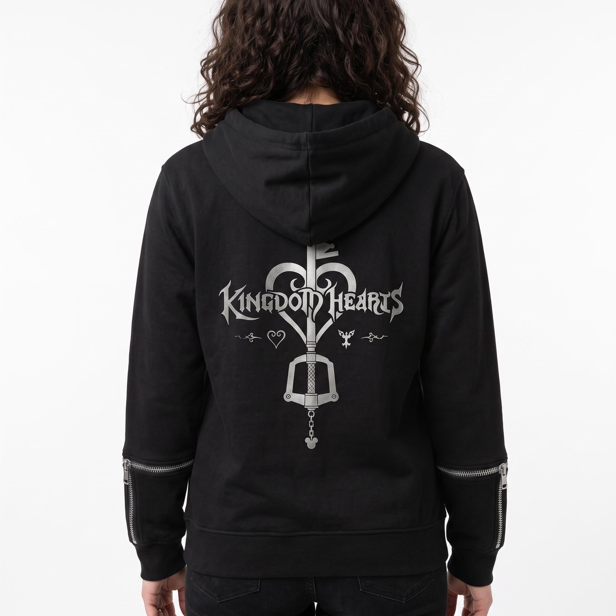 Women's Kingdom Hearts Black Zip-Up Hoodie | Fleece Gaming Sweatshirt | Keyblade Graphic Cosplay Jacket