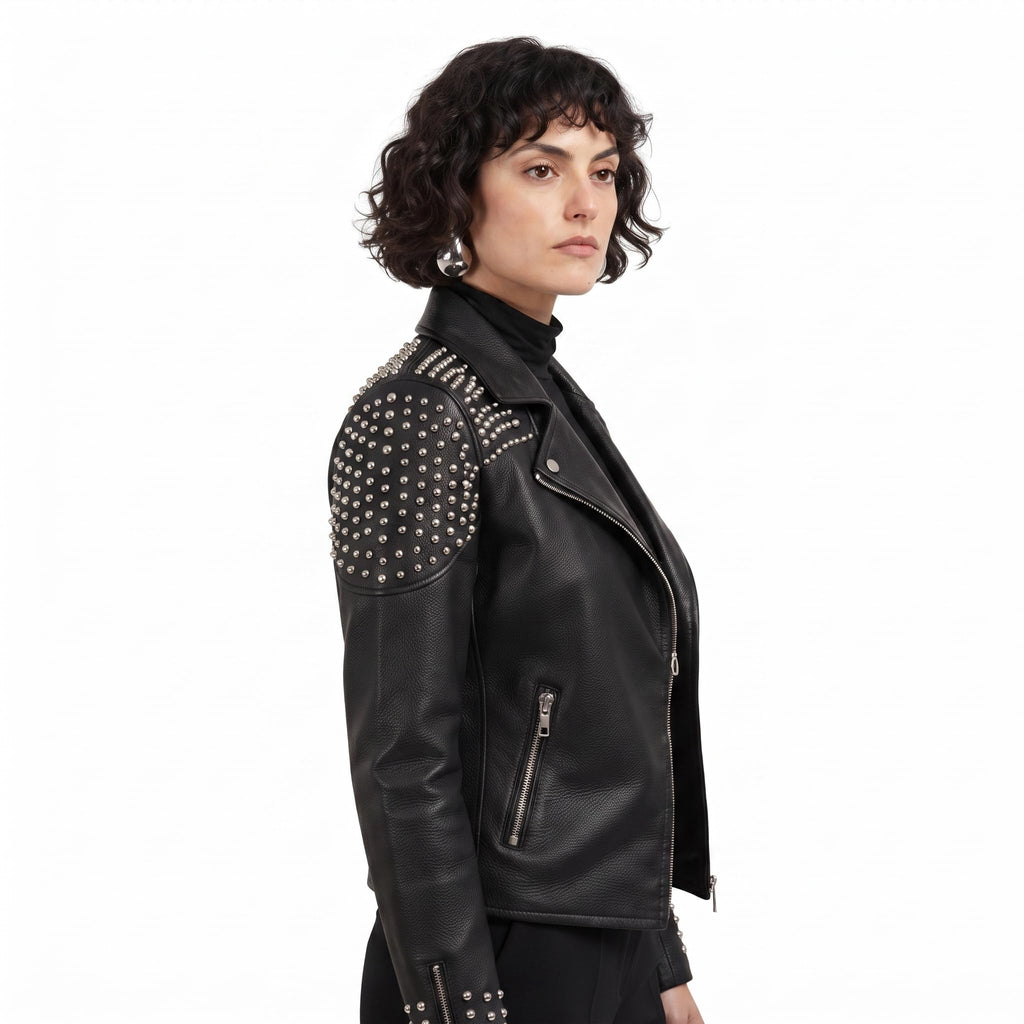 Women's Handcrafted Studded Black Leather Biker Jacket – Edgy Rockstar Style