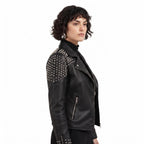 Women's Handcrafted Studded Black Leather Biker Jacket – Edgy Rockstar Style
