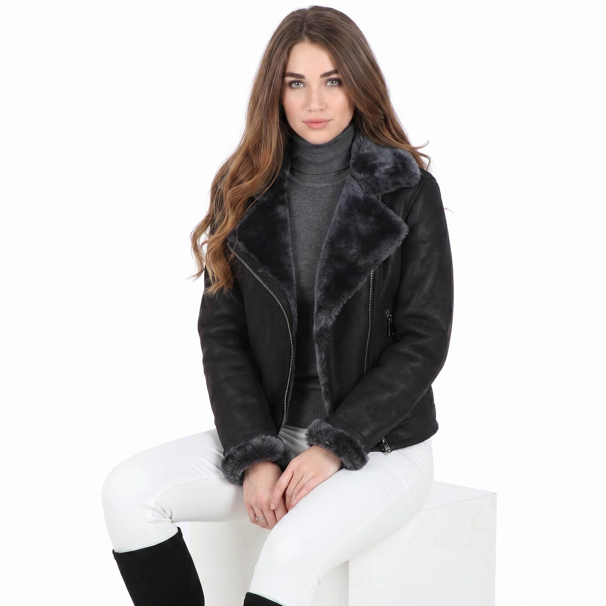 Women's Luxury Shearling Aviator Jacket Black/brissa