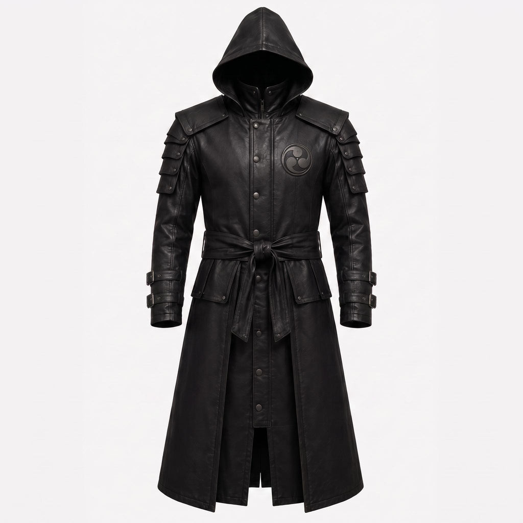 Black Leather Samurai Armor Trench Coat, Hooded Warrior Jacket, Gothic Cosplay Apparel