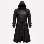 Black Leather Samurai Armor Trench Coat, Hooded Warrior Jacket, Gothic Cosplay Apparel