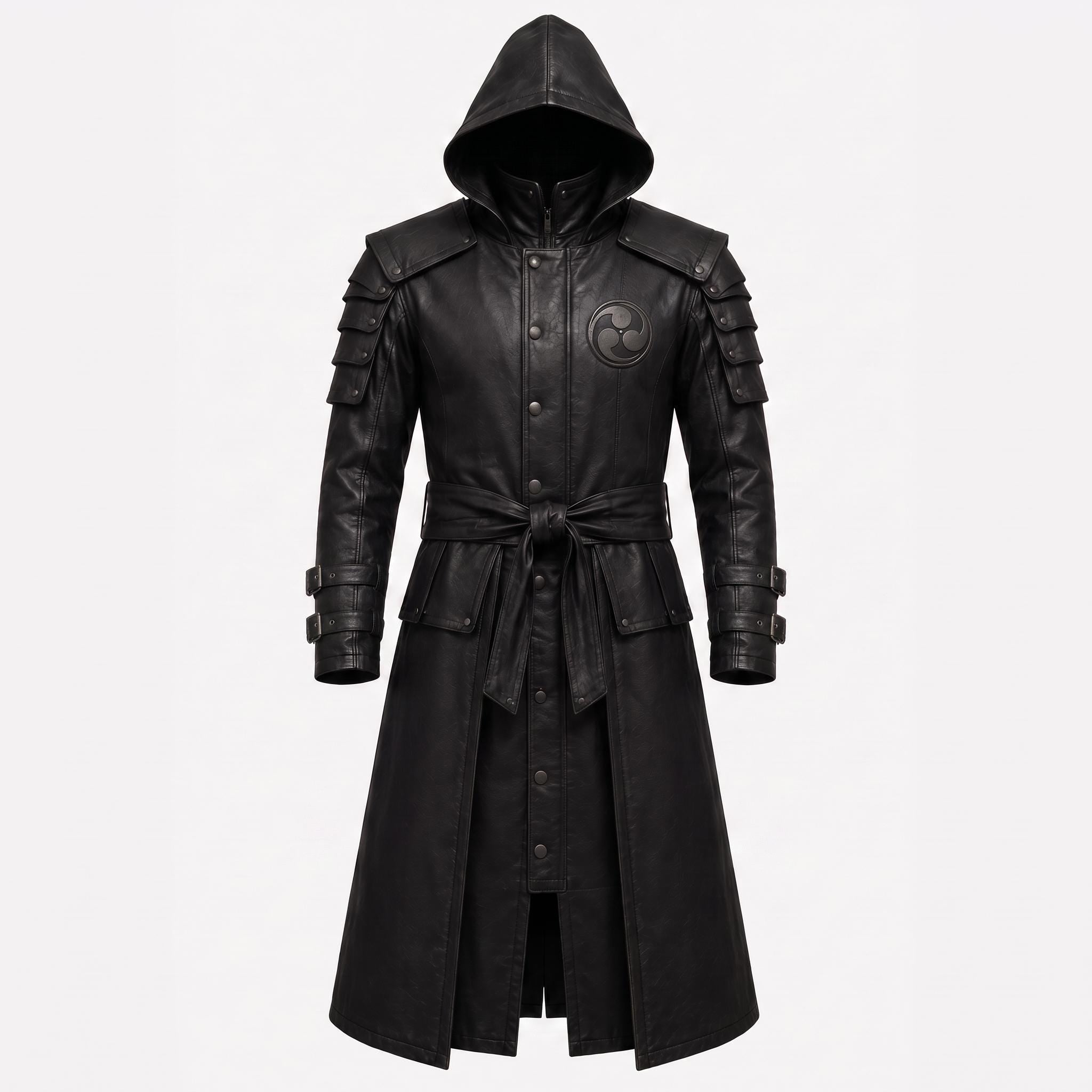 Black Leather Samurai Armor Trench Coat, Hooded Warrior Jacket, Gothic Cosplay Apparel