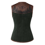 Women's Forest Green Suede Vest: Engraved Mountain Landscape, Leather Accents, Cottagecore Outerwear