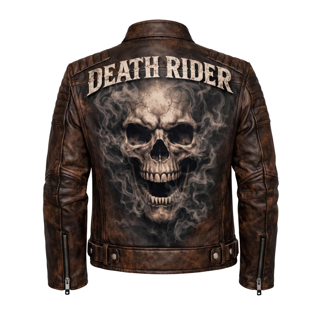 Men's motorcycle jacket with skull back | brown leather biker jacket | vintage moto style