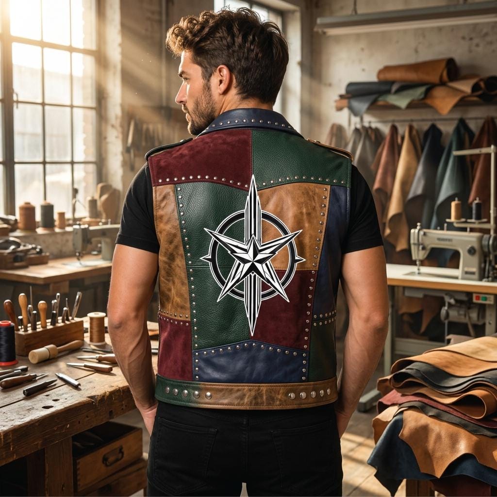 Men's Patchwork Leather Biker Vest | Studded Jacket with Printed Back
